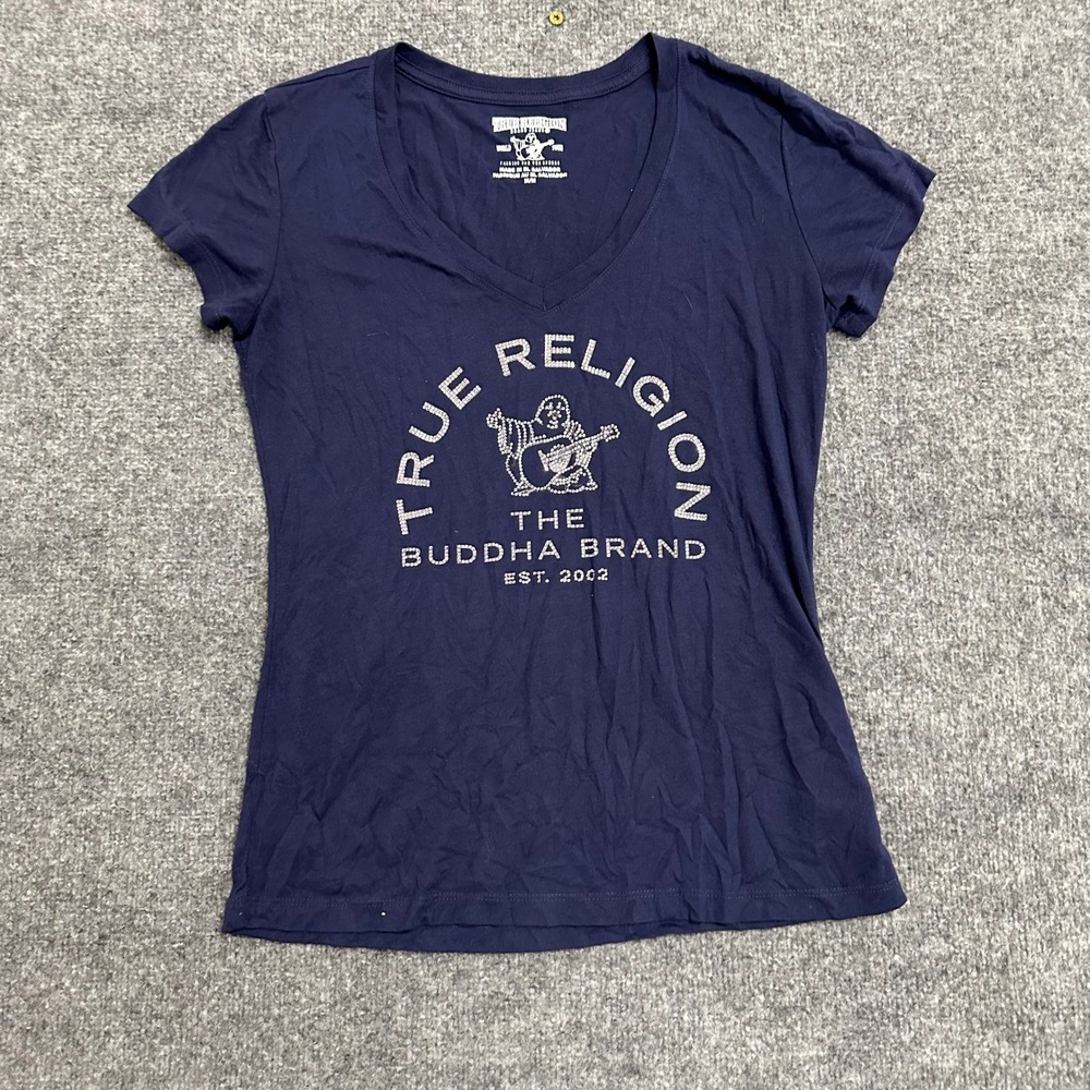 True Religion T-Shirt Womens Size M Navy Blue Rhinestone Buddha V-Neck Slim Fit